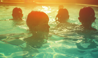 happy children swim in swimming pool at summer, kids have fun in water