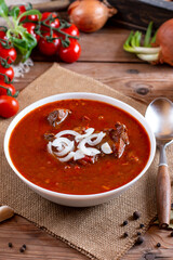 Goulash or Gulasch is a soup or stew of meat and vegetables seasoned with paprika and other spices. Perfect for recipe, article, menu book, or any cooking contents.