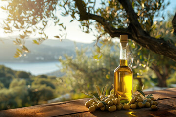 Bottle of olive oil and olives on a wooden table near olive trees and a mediterranean landscape with sunshine