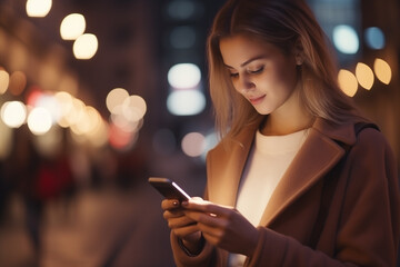A young woman is using her smartphone near a bustling street, enjoying the vibrant city life and staying connected effortlessly. generative Ai.