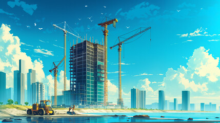 buildings under construction a skyscraper on the seashore on a sunny clear day
