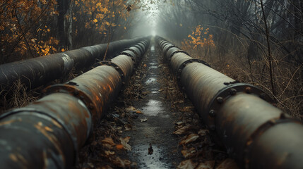 the heating main is located in an autumn forest , on a rainy cloudy day