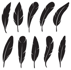 Set of black feather vector icons. Bird feather, Plume, pen feather, quill pen silhouette on white. fluffy feathers logo set icon realistic art style. Detailed majestic feather twirl sketch collection - obrazy, fototapety, plakaty