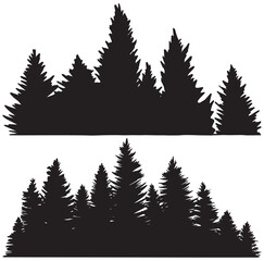 Set of hand drawn forest pine trees or fir trees silhouettes. Dark straight trees tranquil scene. Vintage trees and black  forest silhouettes monochrome conifer spruce horizontal background isolated. 