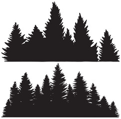 Obraz premium Set of hand drawn forest pine trees or fir trees silhouettes. Dark straight trees tranquil scene. Vintage trees and black forest silhouettes monochrome conifer spruce horizontal background isolated. 