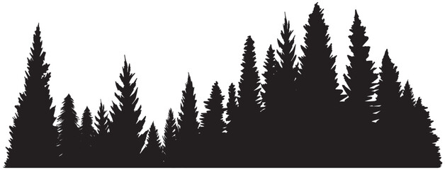Hand drawn forest pine trees or fir trees silhouettes. Dark straight trees tranquil scene. Vintage trees and forest silhouette monochrome conifer spruce horizontal background isolated. Black evergreen