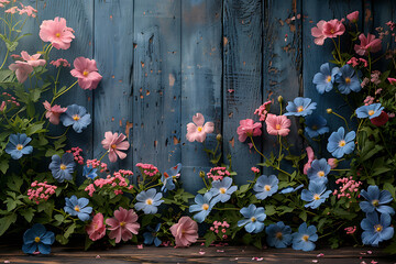 Fototapeta na wymiar Flowers background, Garden flowers over wooden table background. 