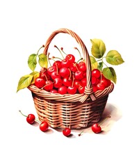 Watercolor illustration of ripe cherries in wicker basket isolated on white background. - obrazy, fototapety, plakaty