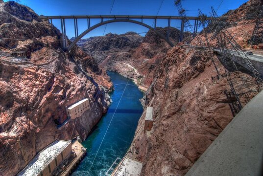 Panorama of Mike O\'Callaghan-Pat Tillman memorial bridge in Colorado river at Nevada and Arizona border, USA