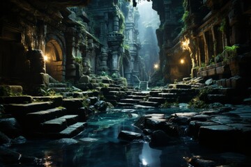 a video game scene of a cave with stairs and a river - obrazy, fototapety, plakaty