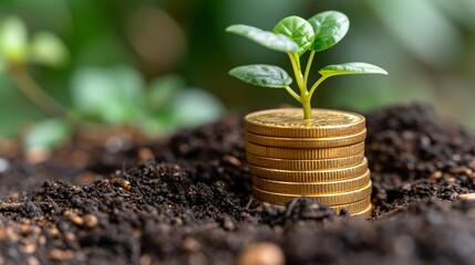 a stack of coins with a plant growing out of it