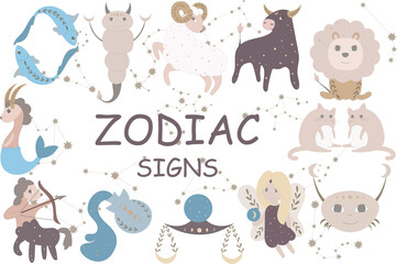 Vector template of constellations of zodiac signs for astrological, esoteric, magical sessions, magic cards for personality research. Mystical Tarot cards. Set of zodiac signs as illustration