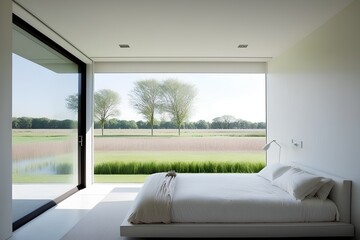 Minimalist guest room with clean lines, neutral colors, and a glimpse of a serene outdoor view