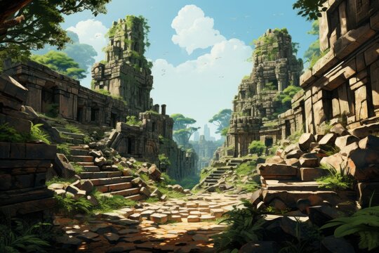 a painting of a ruined temple in the middle of a forest