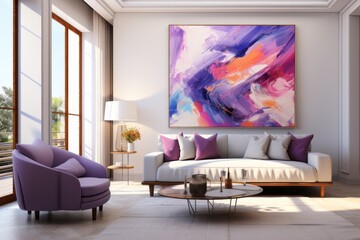 a living room with a couch , chair , coffee table and a large painting on the wall