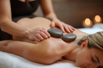 A woman lies on her back, her skin glistening with oil as smooth rocks glide across her human face, bringing relaxation and rejuvenation to her body during an indoor massage session