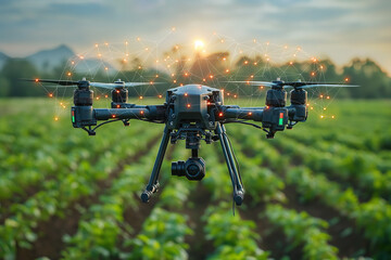 Drone technologies in agriculture and farming, UAV drone scans green agricultural fields, information 3d digital virtual projection graphic, futuristic	
