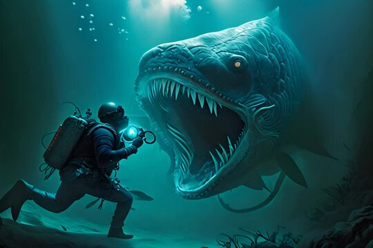 Sea monster attacks diver. Fantasy underwater scene