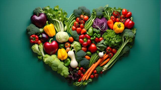 a wide-format, heart-shaped arrangement of nutritious veggies isolated on a green background.
