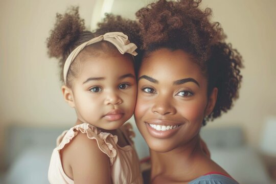 Afro- American Mother and little kid daughter isolated on pastel background, Mother's Day love concept