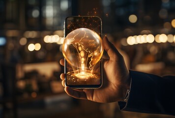 a hand holding a phone with a light bulb in the center - obrazy, fototapety, plakaty