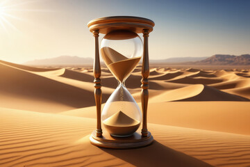 Big hourglass on the desert surrounded by dunes,, sand falling and minutes counting, time concept. Copy space - obrazy, fototapety, plakaty