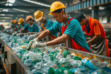 Group of men selecting plastic bottles at recycling factory - obrazy, fototapety, plakaty