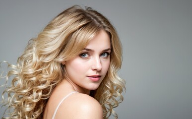 Blonde woman with long curled hair.