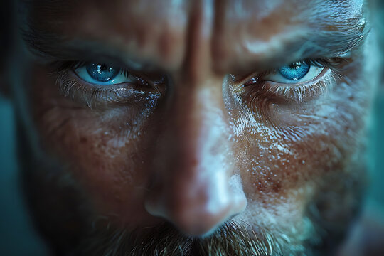 the face of an evil man.A man depressed showing emotion and evil in the intense eyes.
