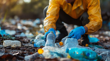 A person picking plastic bottles from the shore, person cleaning up plastic waste at the beach - obrazy, fototapety, plakaty