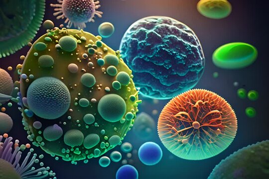 Different types of microbes. Virus cells and bacteria on abstract background