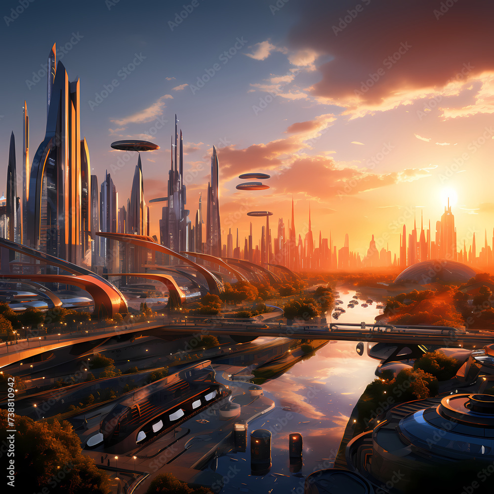 Wall mural futuristic city skyline at sunset.