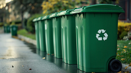 green recycling bins on the street - obrazy, fototapety, plakaty