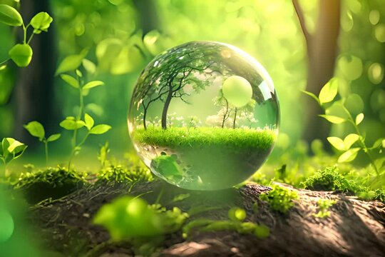 Globe Glass on green grass forest with sunlight. Environment, save world, earth day and conservation concept