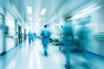 Long exposure shot of a hospital corridor with blurred doctors and nurses in blue tones - obrazy, fototapety, plakaty