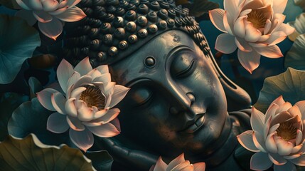 a statue of a buddha with flowers - obrazy, fototapety, plakaty