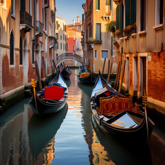 Fototapeta na wymiar Gondolas on a tranquil Venice canal. 