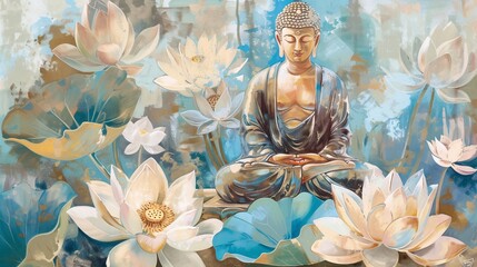 a painting of a buddha sitting on a flower bed