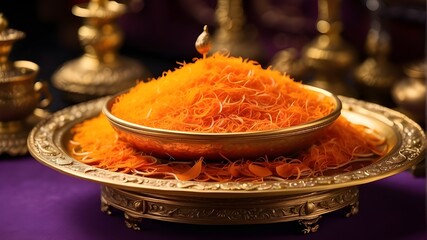 A magnificent dish with fine saffron spice. opulent exhibition of saffron, the most costly spice in the world, displayed on a lavish golden platter against a backdrop of traditional