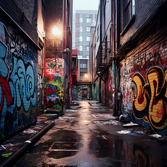 Grunge-style urban alley with graffiti.