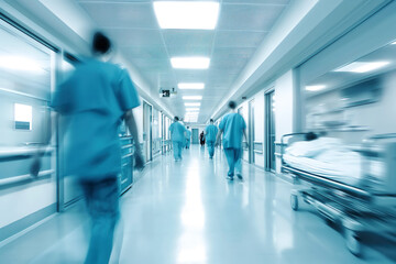 Fototapeta na wymiar Long exposure shot of a hospital corridor with blurred doctors and nurses in blue tones