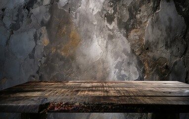 rustic wooden table against a wall, in the style of marble