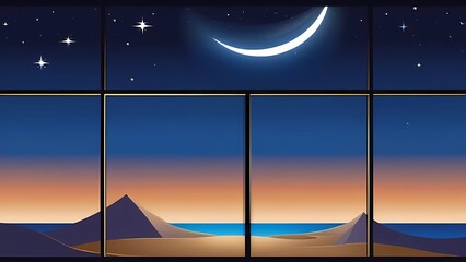night sky with moon and stars reflected in the window, illustration