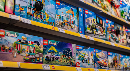 Naklejka premium Sets of Lego construction toys displayed on store shelves