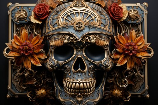 a skull with a helmet and flowers on it