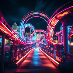 Neon-lit rollercoaster at an amusement park. - obrazy, fototapety, plakaty