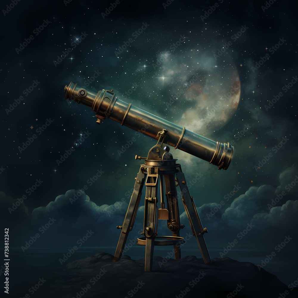 Poster Old-fashioned telescope pointed at the stars. 