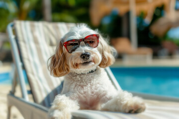 Happy small dog wearing sunglasses lounging on a sun lounger perfect summer and vacation vibes concept