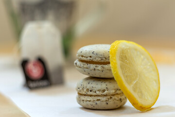 Home made earl grey french macarons with lemon curd filling. Relaxing time at home. Home sweet...