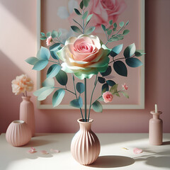 Another single pastel colored rose with green leaves stands in pink vase